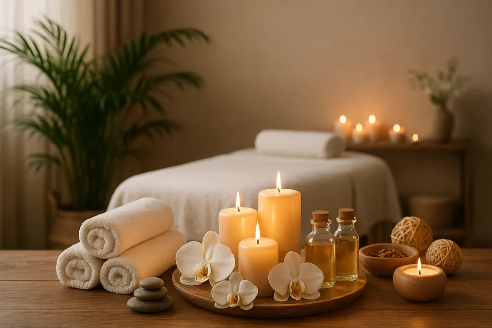 a serene spa environment with calming decor and soothing elements