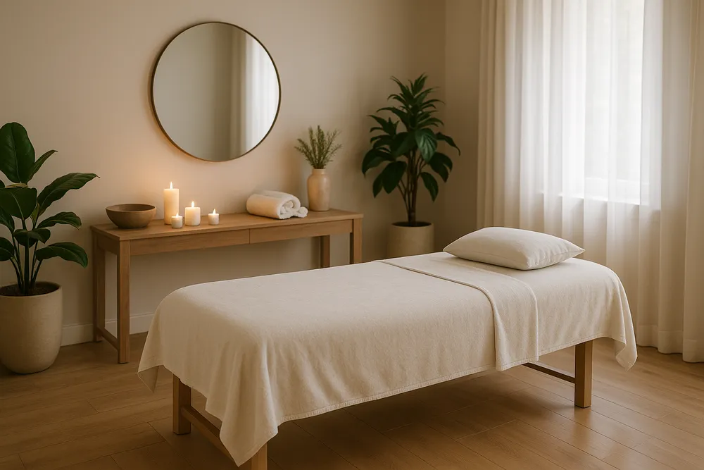 a serene spa environment with calming colors and minimalistic decor