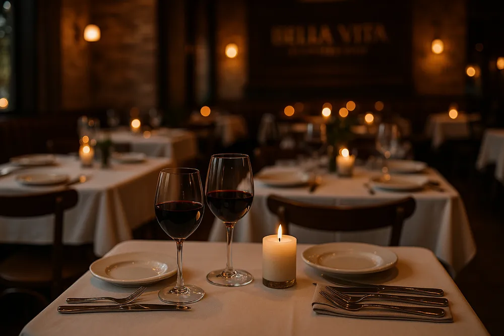 A beautifully set table with candlelight in Bella Vita Ristorante.
