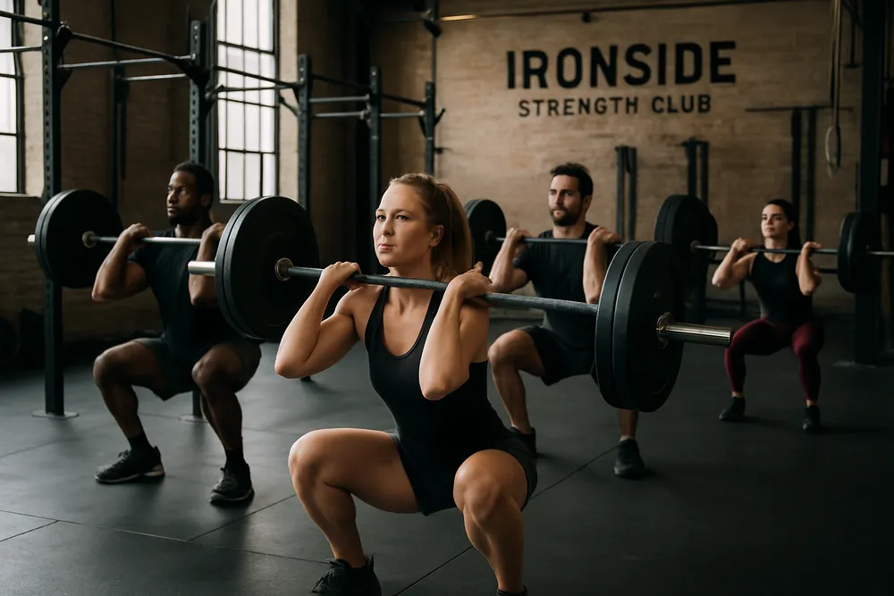 a group of athletes lifting weights in a dynamic gym setting