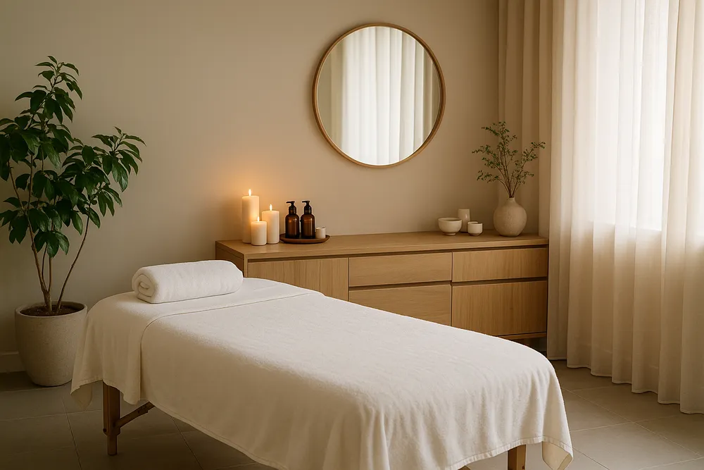 a serene spa environment with calming colors and minimalistic decor