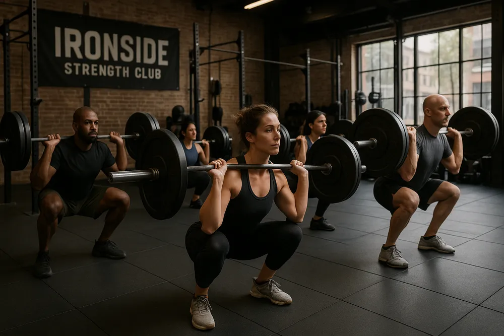 a group of diverse individuals lifting weights in a dynamic gym setting