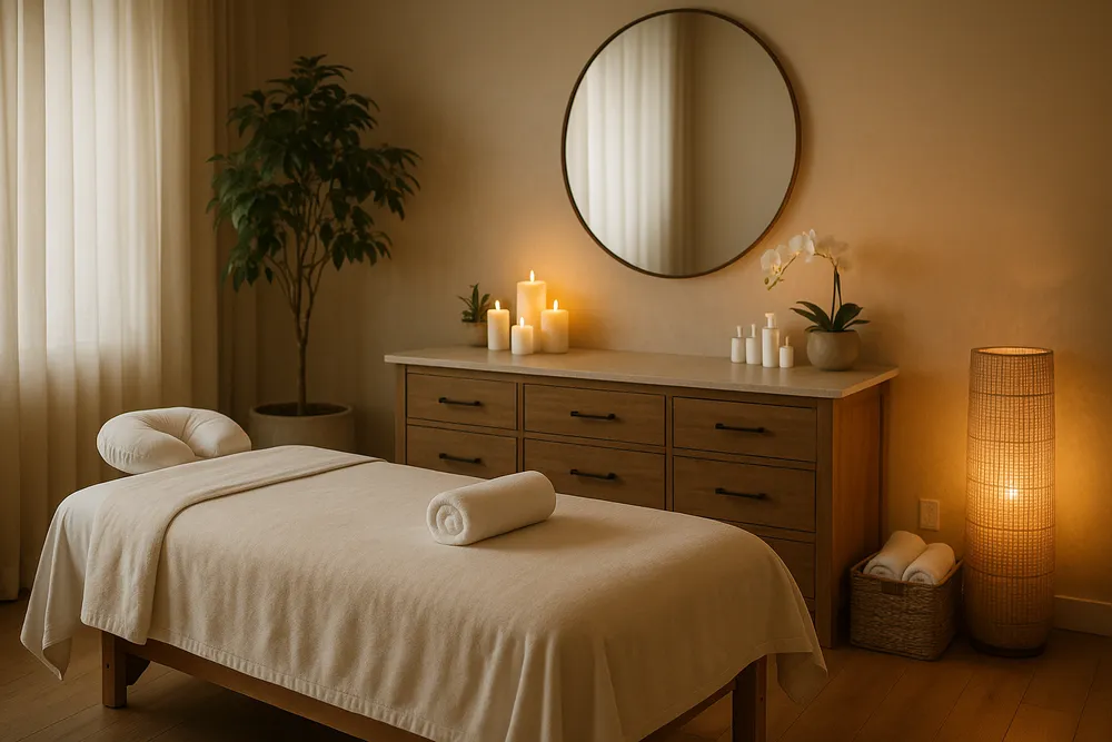 a serene spa environment with calming decor and soft lighting