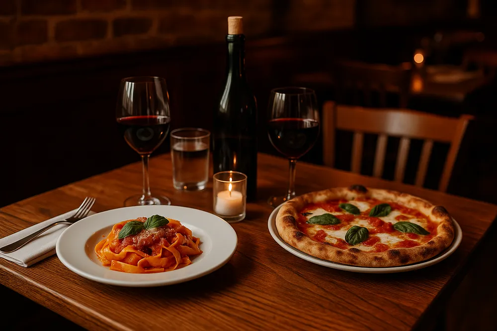 a cozy table set for an intimate dinner at Bella Vita Ristorante