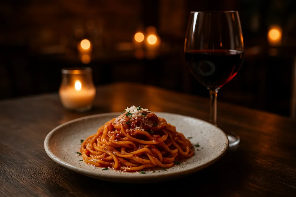 a beautifully presented plate of hand-made pasta with a glass of regional wine