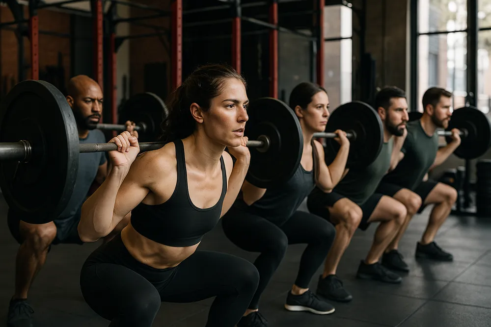 a group of diverse individuals lifting weights in a dynamic gym setting